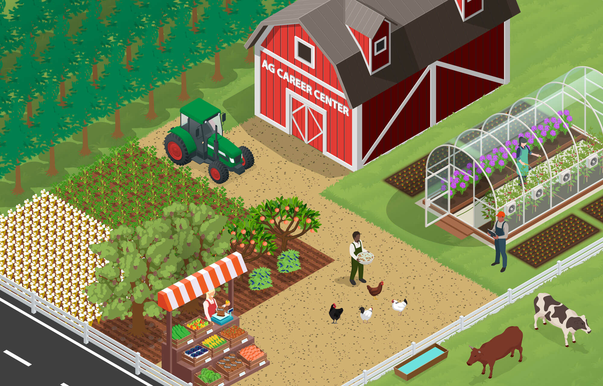 Vector drawing of farm with overlay buttons